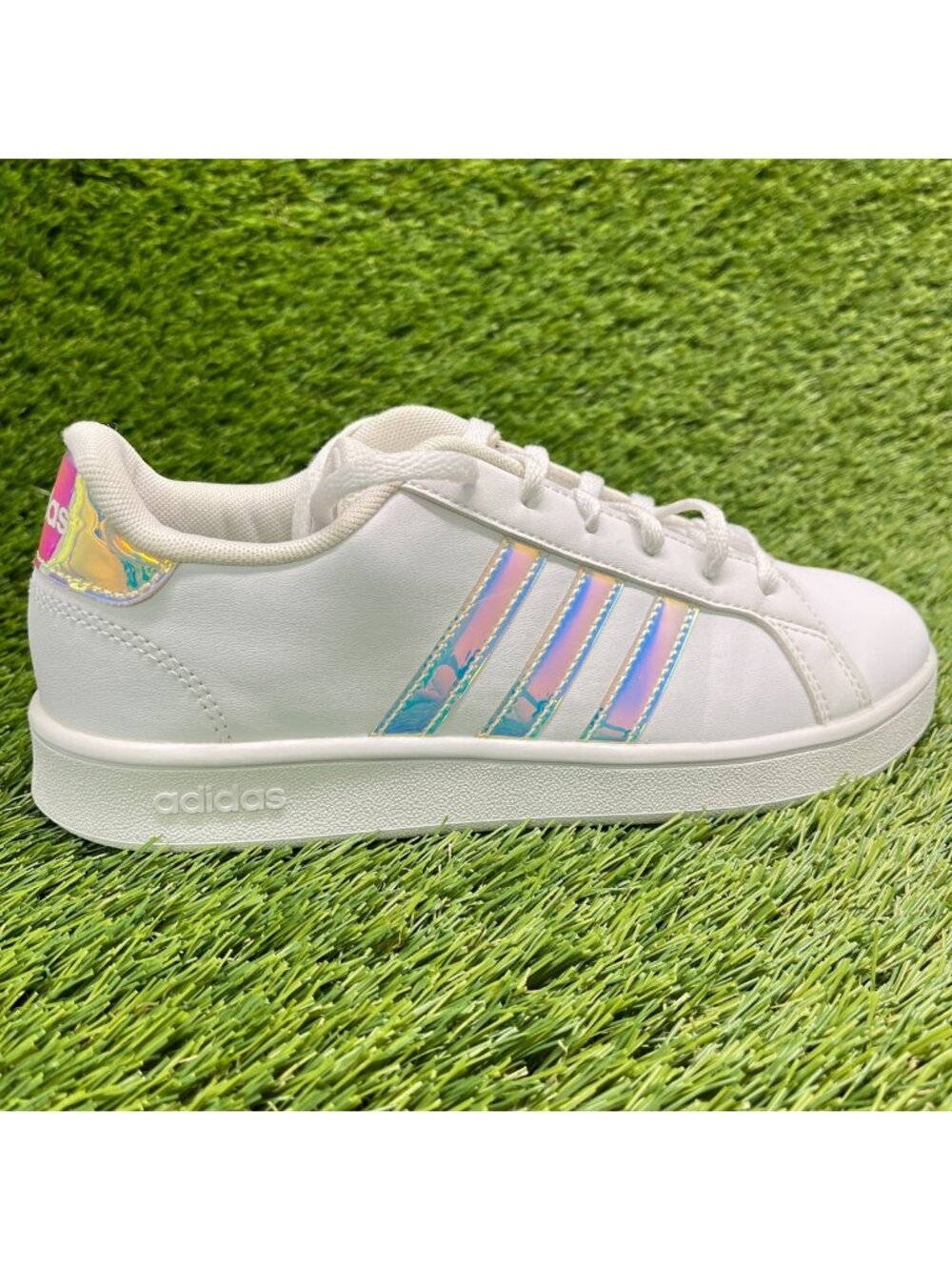 Adidas Grand Court Girls Size 5Y White Iridescent Athletic Leather Shoes Sneaker